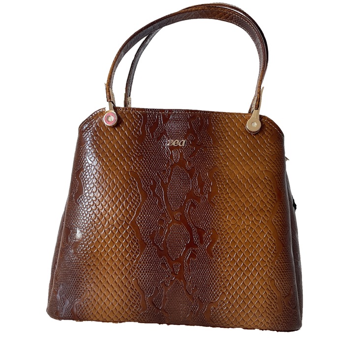 Női táska, irodai, Zea, prémium, kézzel készített, konyakbarna természetes bőr, kígyó típusú, 2 fix fogantyú, 32x26x14