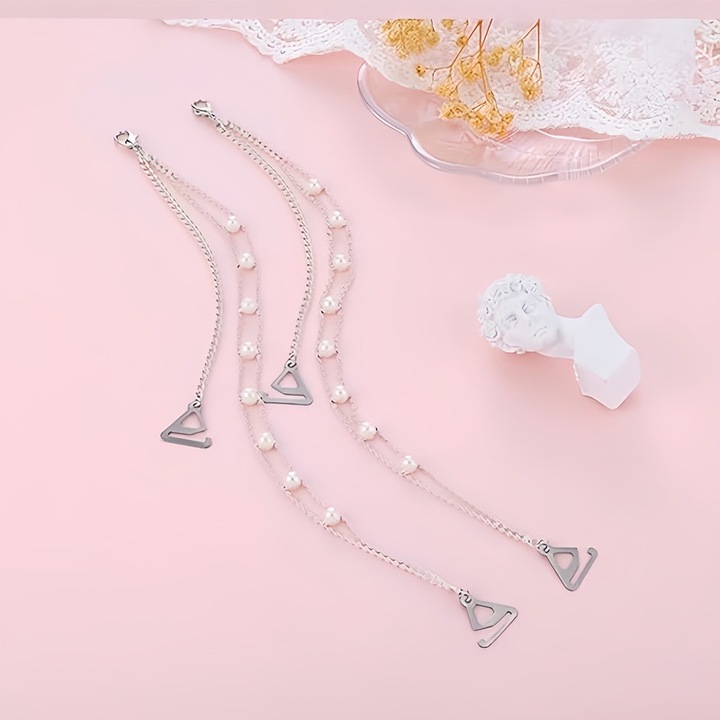 Set 2 bretele sutien, ajustabile, cu perle si lant metalic, argintiu