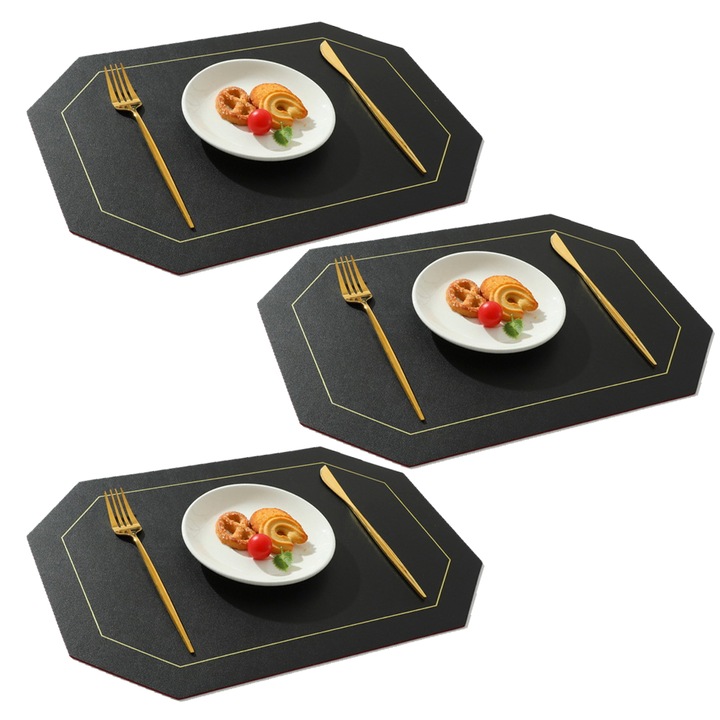 Комплект от 3 поставки за чинии, longziming, екокожа, може да се пере, 30x43 см, черен