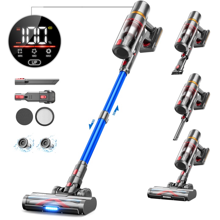 Вертикална прахосмукачка 45000Pa/550W, 9*2500mAH, многофункционална 6 в 1, мощна безжична 65 минути, сензорен екран, капацитет 1,5L, акумулаторна батерия, изправена прахосмукачка за косми от домашни любимци, килими, твърди подове, V15
