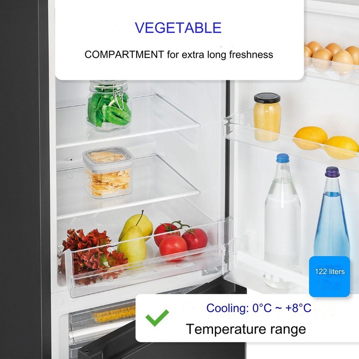 Combina frigorifica Bomann, KG320.2N, H 143 cm, capacitate 175 l, congelator 4 stele 53 litri, 3 rafturi sticla securizata, 3 rafturi pe usa, compartiment legume/fructe, dezghetare automata, control temperatura, iluminat interior LED, negru