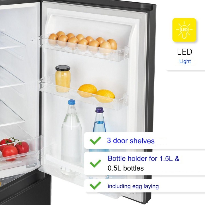 Combina frigorifica Bomann, KG320.2N, H 143 cm, capacitate 175 l, congelator 4 stele 53 litri, 3 rafturi sticla securizata, 3 rafturi pe usa, compartiment legume/fructe, dezghetare automata, control temperatura, iluminat interior LED, negru