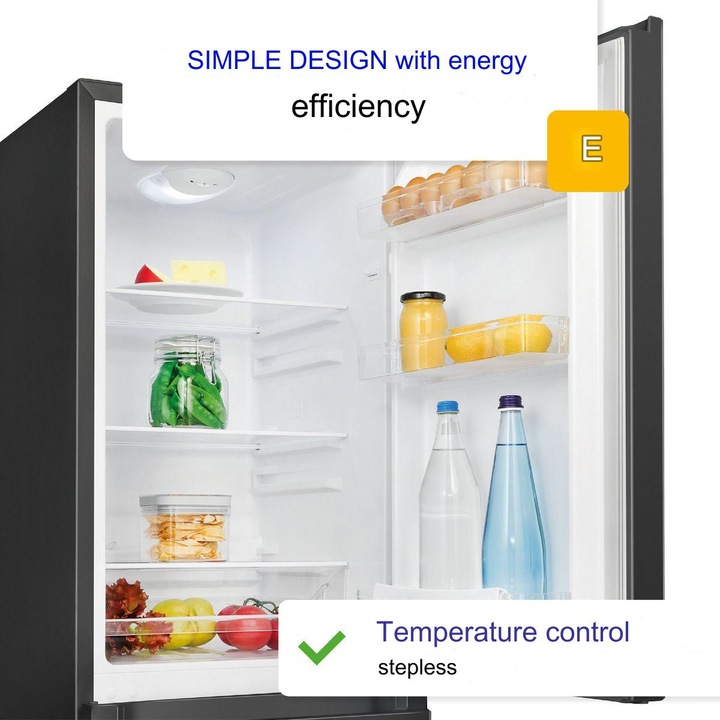 Combina frigorifica Bomann, KG320.2N, H 143 cm, capacitate 175 l, congelator 4 stele 53 litri, 3 rafturi sticla securizata, 3 rafturi pe usa, compartiment legume/fructe, dezghetare automata, control temperatura, iluminat interior LED, negru