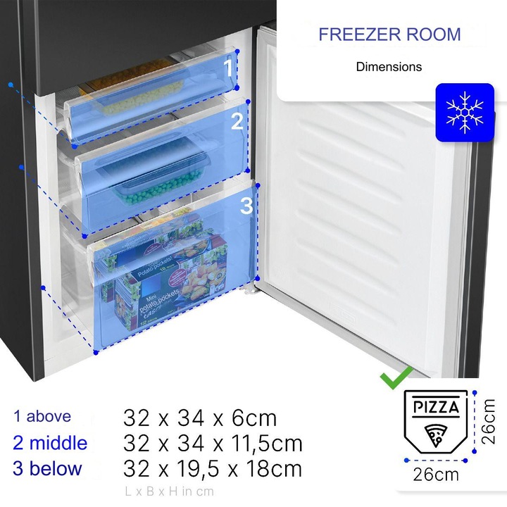Combina frigorifica Bomann, KG320.2N, H 143 cm, capacitate 175 l, congelator 4 stele 53 litri, 3 rafturi sticla securizata, 3 rafturi pe usa, compartiment legume/fructe, dezghetare automata, control temperatura, iluminat interior LED, negru