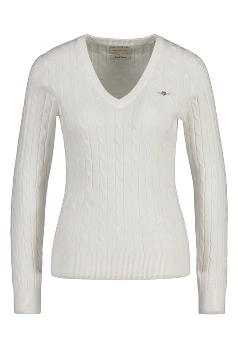 Gant, Pulover slim fit cu model torsade si decolteu in V, Alb murdar