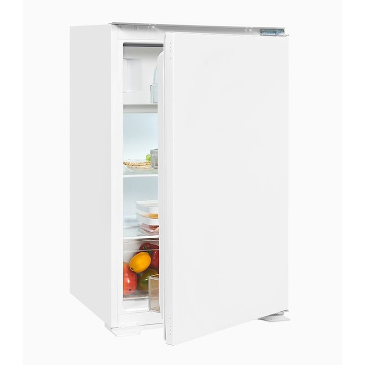Mini frigider incorporabil Exquisit, capacitate totala 118 litri, H 88 cm, congelator 4 stele, compartiment fructe/legume, 2 rafturi din sticla, iluminat interior LED, control mecanic de temperatura, semnal luminos, picioare ajustabile, alb