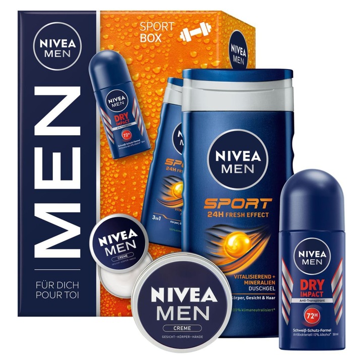 Pachet Nivea Men Sport Box, gel de dus Sport 250 ml, deodorant roll-on Dry Impact 50 ml si crema Nivea Men 30 ml