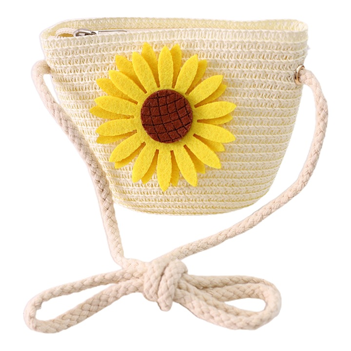 Jormftte gyermek szalmatáska, kerek design, napraforgó díszítéssel, 30x25cm