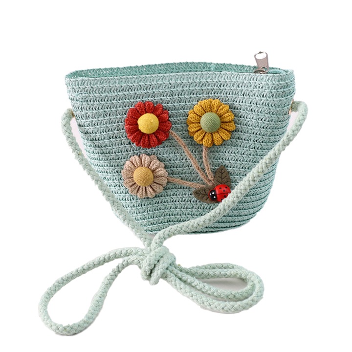 Jormftte kislány szalma strandtáska, napraforgó design, zöld