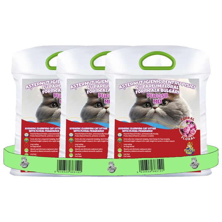Asternut pentru litiera, Pufosii Mei, cu parfum floral, Pachet economic (3x10L), Igienic, formeaza bulgari, superabsorbant, control excelent al mirosurilor, praf redus, usor de curatat, durabil, economic
