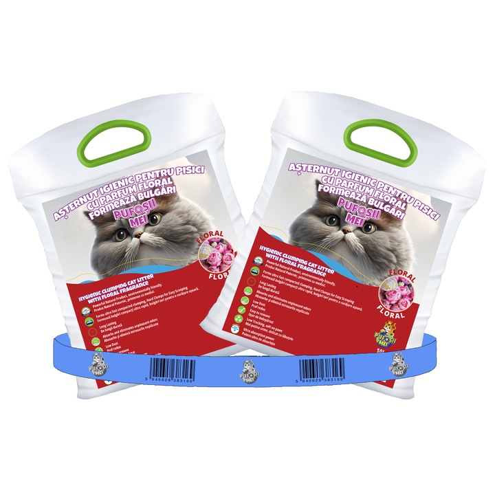 Asternut pentru pisici, Pufosii Mei, cu parfum floral, Pachet 2 saci de 10l, Igienic, formeaza bulgari, superabsorbant, control excelent al mirosurilor, praf redus, usor de curatat, durabil, economic