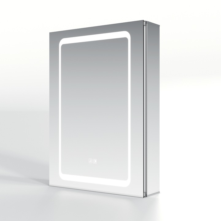 Шкаф с LED огледало, С осветление, Сензорно управление, Контакт, Против запотяване, 50×70 см