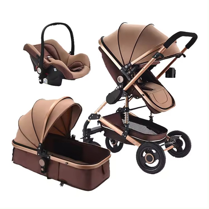 Carucior pentru copii, 3 in 1, portabil, cadru din aluminiu, pliabil, kaki