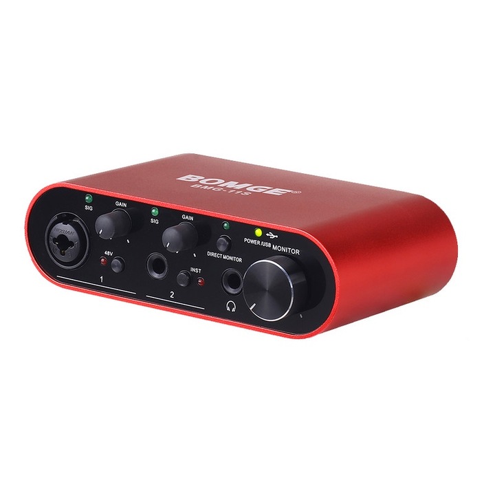 Interfata Audio profesional BOMGE BMG11S, mixer audio, interface audio USB, 24Bit/192kHz, Ultra-Low Latency, XLR out, Phantom Power 48V, Placa de sunet, Rosu