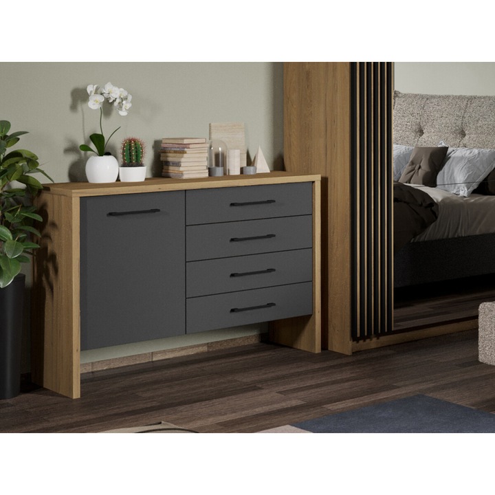 Comoda Axel, Hickory cu Gri Antracit, L 115,4 x A 40,6 x H 83,5 cm