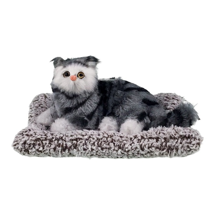 Pisicuta din material textil asezata pe pernuta, 18X10 cm gri