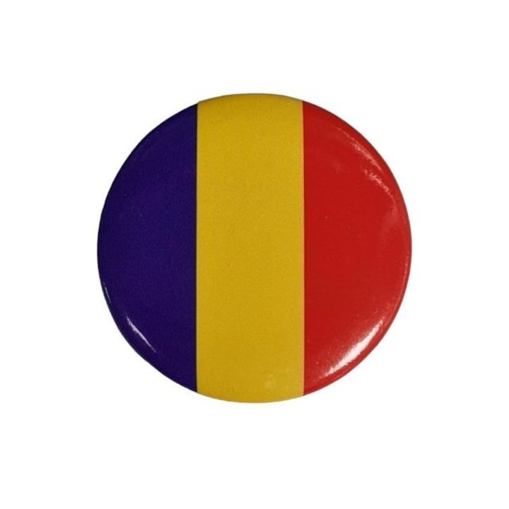 Insigna, model steag Romania, rotunda, diametru 58 mm, metal, multicolor, Dactylion®