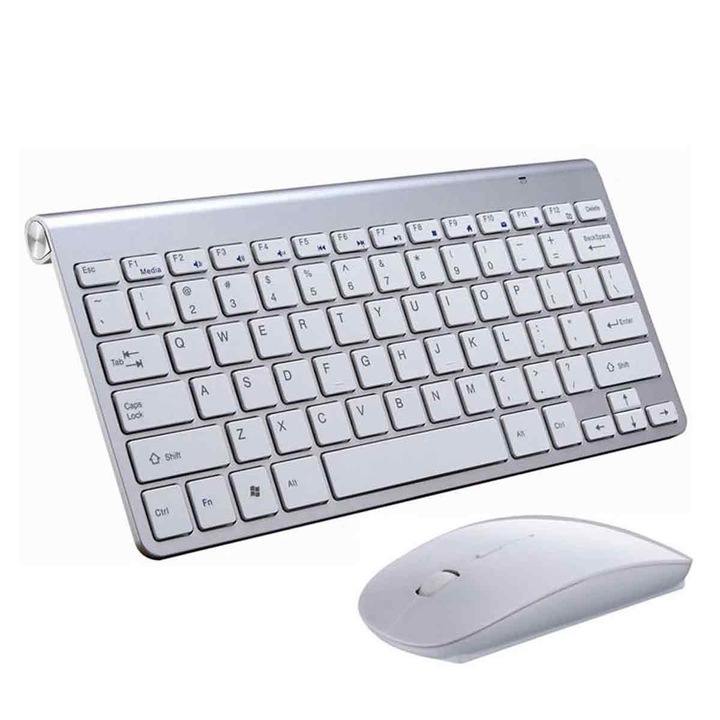 Set tastatura si mouse wireless 2.4G Fokelyi, design ergonomic, argintiu, dimensiuni compacte
