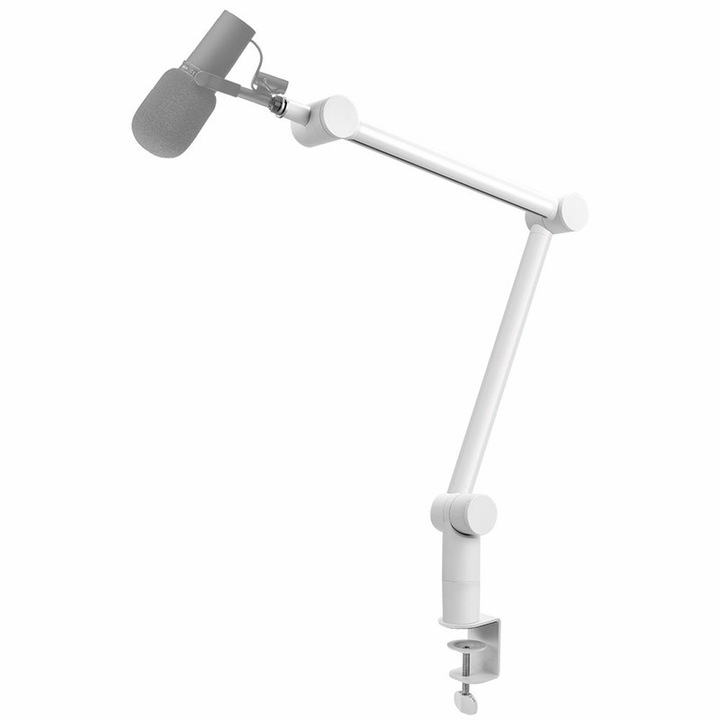 Stativ microfon de birou BOMGE, brat reglabil, sistem echilibrare, prindere C-clamp, Compatibil Blue Yeti Snowball SM7B BETA58 SM58 MV7, Pliabil Reglaj telescopic, Usor de instalat, Pentru inregistrarea vocala, Alb