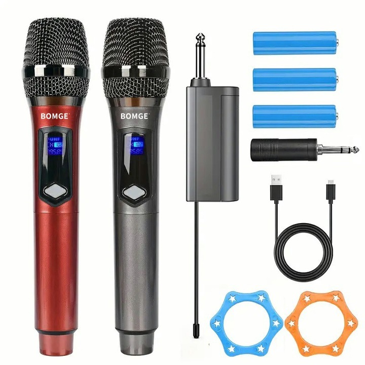 Microfon fara fir Microfon wireless BOMGE BG261, Receiver wireless, dinamic, compatibilitate larga, cu 2 Microfon wireless de mana, cu Receiver Jack 6,35mm, Baterie reincarcabila, Plug and Play, Pentru karaoke acasa, intalnire, cablu usb, Rosu Gri