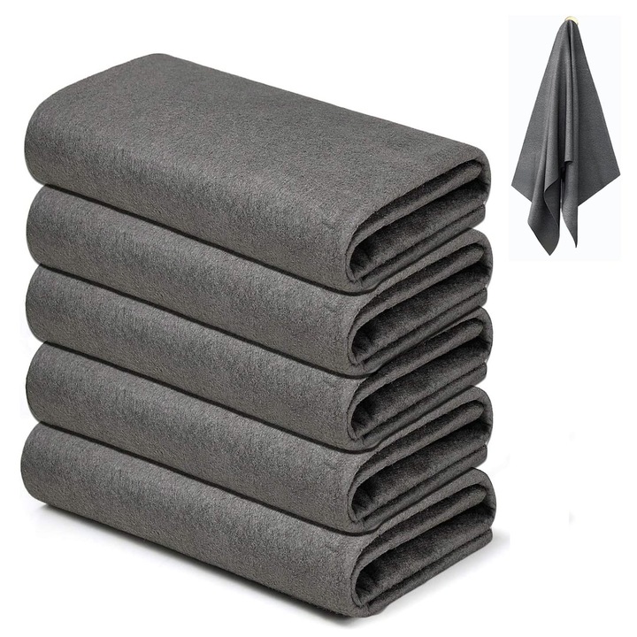 Set 5 Lavete Magice, pentru curatare fara urme, scame si zgarieturi, multifunctionala, refolosibile, 30x30 cm, OUYLAF, Gri