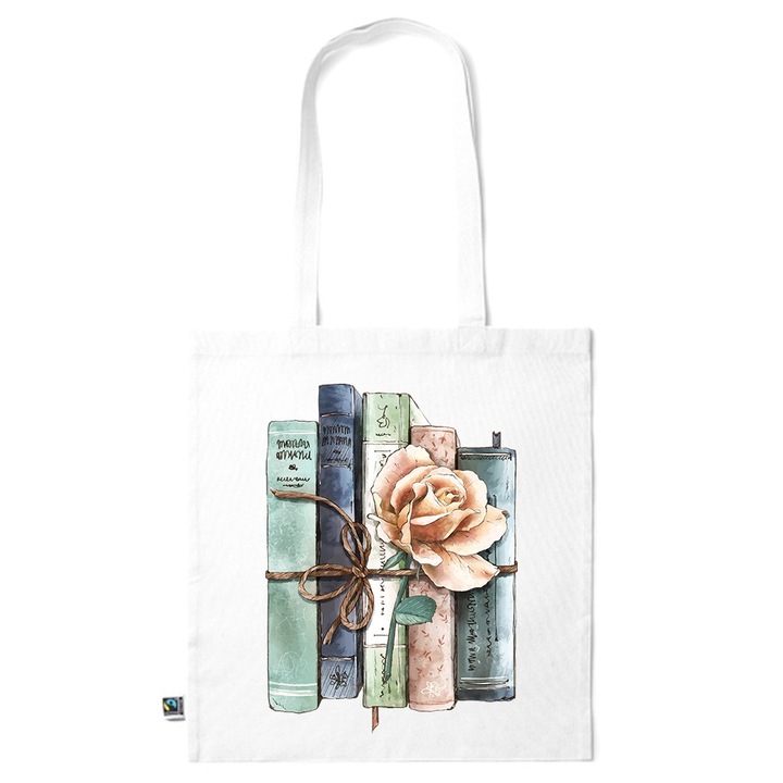 Intelli® Sacosa bumbac Eco-friendly pentru cumparaturi cu manere lungi, Flowers Collection, Old Book With A Rose, 38x42cm, Alb, WH-KI10
