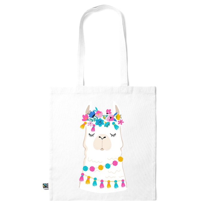 Go For It Shopper fazonú pamut táska mintával, Decorative Lama, 38×42cm, Fehér, WH-KI26