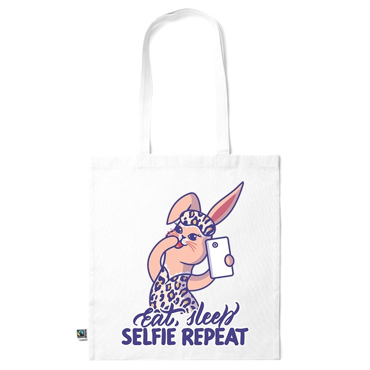 Intelli® Екологична памучна пазарска чанта Sacosa с дълги дръжки, Eat Sleep Selfie Repeat, 38×42cm, Бяла, WH-KI38