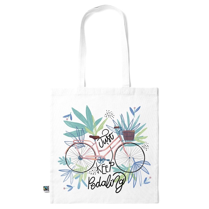 Go For It Shopper fazonú pamut táska mintával, Just Keep Pedaling, 38×42cm, Fehér, WH-KI33
