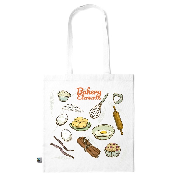 Intelli® Памучна екологична пазарска чанта Sacosa с дълги дръжки, Bakery, 38×42 см, Бяла, WH-KI101