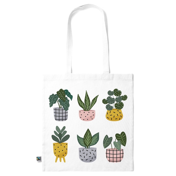 Go For It Shopper fazonú pamut táska mintával, Flowers Collection, Houseplants Decorative, 38x42cm, Fehér, WH-KI47