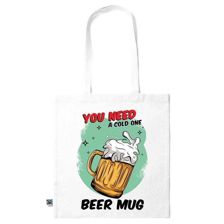 Go For It Shopper fazonú pamut táska mintával, Beer Mug, 38×42cm, Fehér, WH-KI48