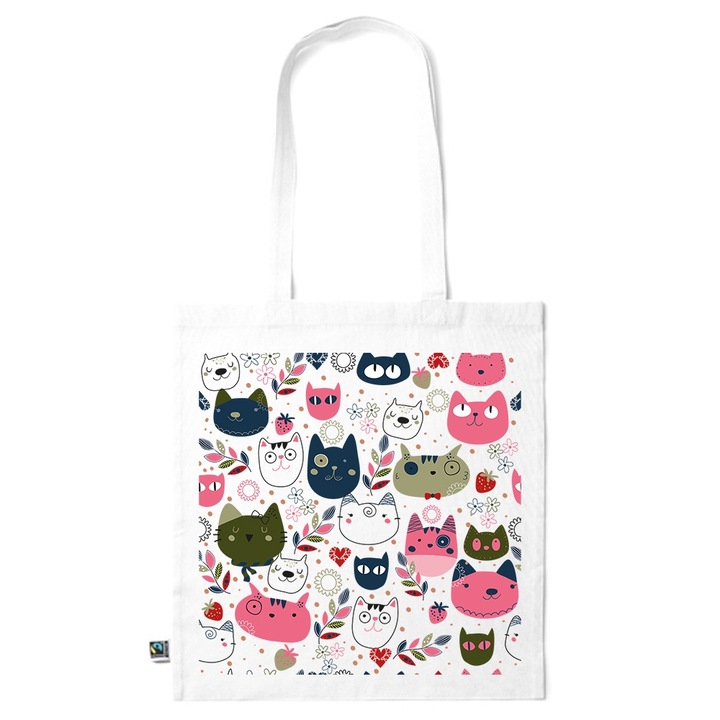 Go For It Shopper fazonú pamut táska mintával, Cats And Plants, 38×42cm, Fehér, WH-KI68