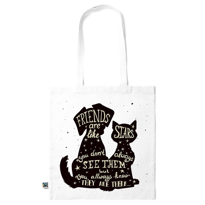 Go For It Shopper fazonú pamut táska mintával, Friends Are Like Stars, 38×42cm, Fehér, WH-KI72