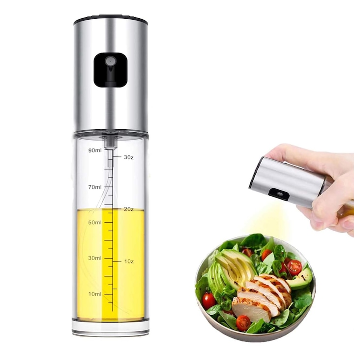 Sticla de Spray Ulei, pentru ulei, otet sau alte lichide, usor de reumplut, 100ml, dozare optima, Recipient Transparent, usor de curatat, OUYLAF, gri metalizat/Transparent