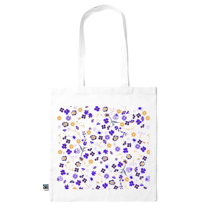 Go For It Shopper fazonú pamut táska mintával, Flowers Collection, Blue Flowers, 38x42cm, Fehér, WH-KI62