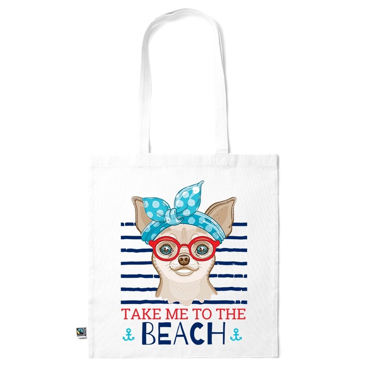 Go For It Shopper fazonú pamut táska mintával, Beach, 38×42cm, Fehér, WH-KI78