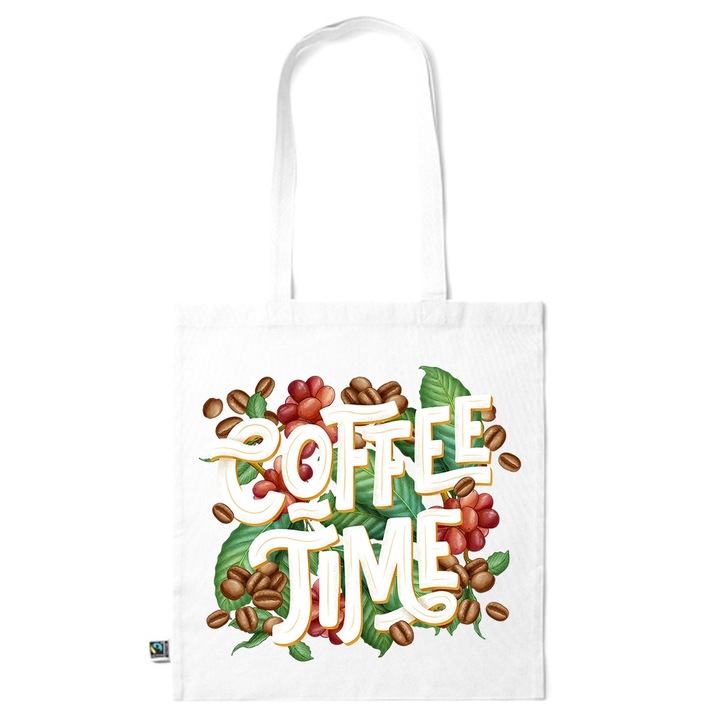Go For It Shopper fazonú pamut táska mintával, Coffee Time, 38×42cm, Fehér, WH-KI86