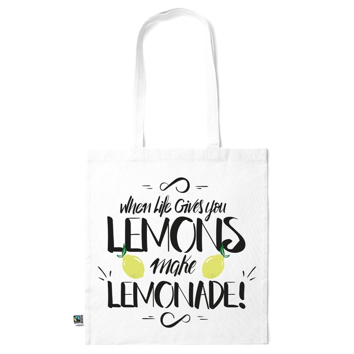 Go For It Shopper fazonú pamut táska mintával, When Life gives..., 38×42cm, Fehér, WH-KI117