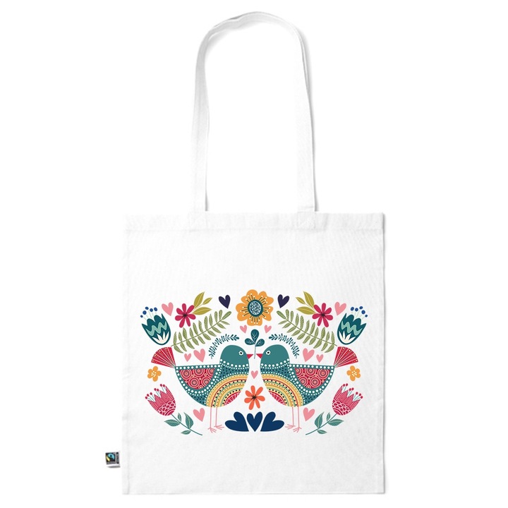 Intelli® Еко пазарска чанта Sacosa от памук с дълги дръжки, Birds in love, 38×42см, Бяла, WH-KI144