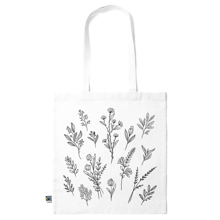 Intelli® Памучна еко чанта за пазаруване Sacosa с дълги дръжки, Black Flowers, 38×42см, Бяла, WH-KI149