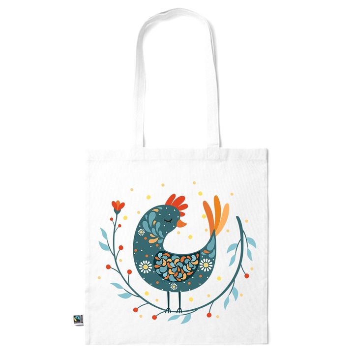 Intelli® Екологична памучна пазарска чанта Sacosa с дълги дръжки, Traditional Bird, 38×42см, Бяла, WH-KI145