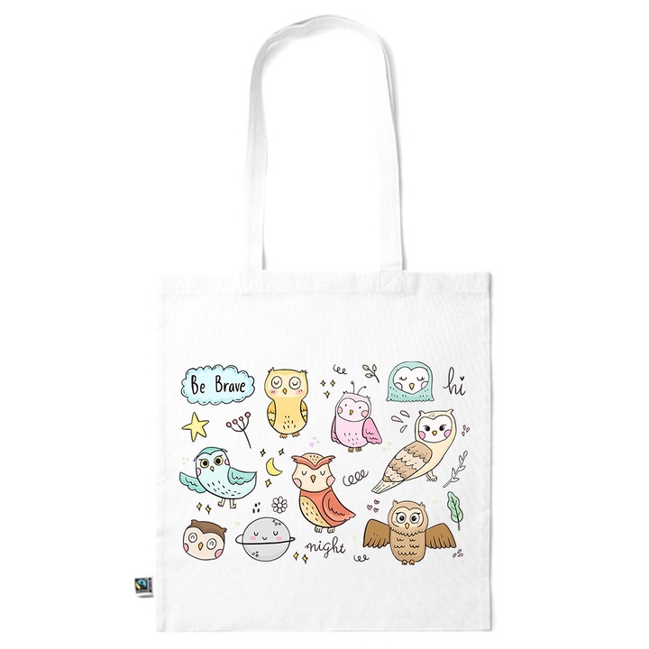 Go For It Shopper fazonú pamut táska mintával, Owls, 38×42cm, Fehér, WH-KI160