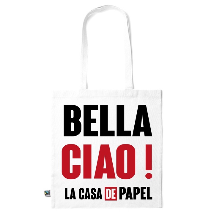 Intelli® Еко-приятелска памучна чанта за пазаруване Sacosa с дълги дръжки, La Casa de Papel, 38×42см, Бяла, WH-KI175