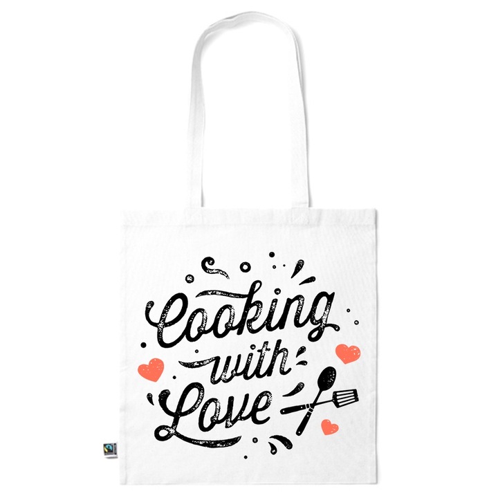 Intelli® Екологична памучна пазарска чанта Sacosa с дълги дръжки, Cooking with Love, 38×42см, Бяла, WH-KI152