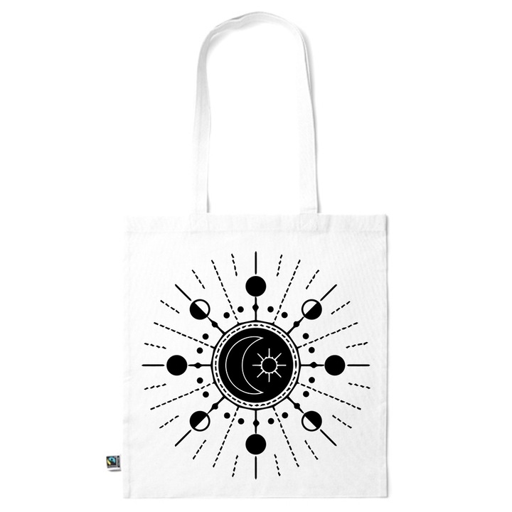 Intelli® Екологична памучна пазарска чанта Sacosa с дълги дръжки, Луна и Слънце, 38×42см, Бяла, WH-KI193