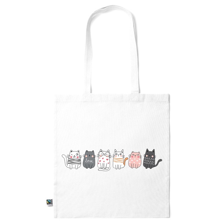Go For It Shopper fazonú pamut táska mintával, Cute Cats, 38×42cm, Fehér, WH-KI197