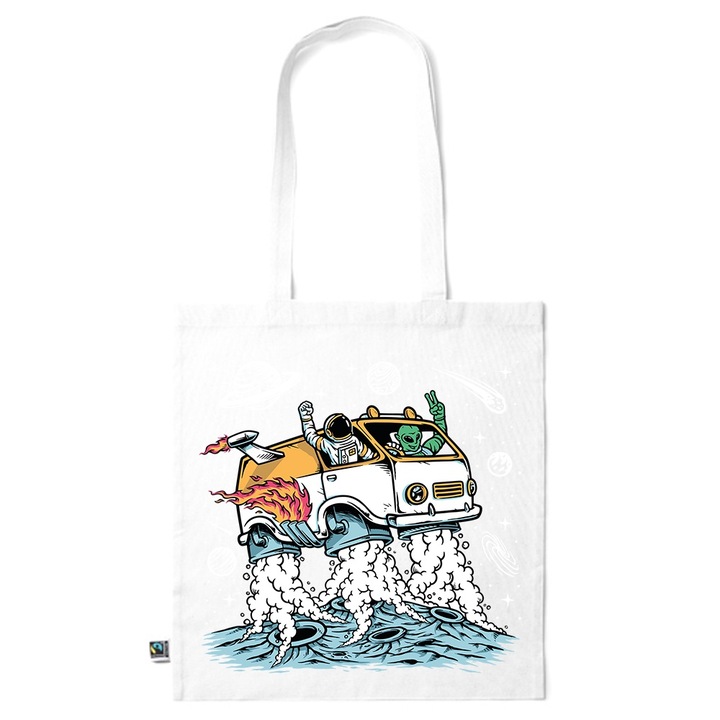 Go For It Shopper fazonú pamut táska mintával, Traveling Astronaut, 38×42cm, Fehér, WH-KI211