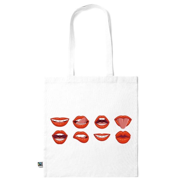 Intelli® Екологична памучна пазарска чанта Sacosa с дълги дръжки, Woman Lips, 38×42cm, Бяла, WH-KI203