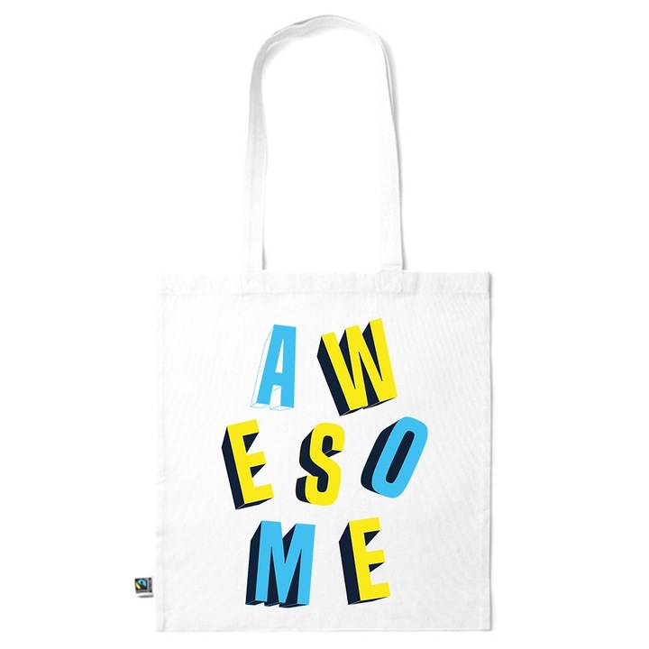 Go For It Shopper fazonú pamut táska mintával, Awesome, 38×42cm, Fehér, WH-KI226